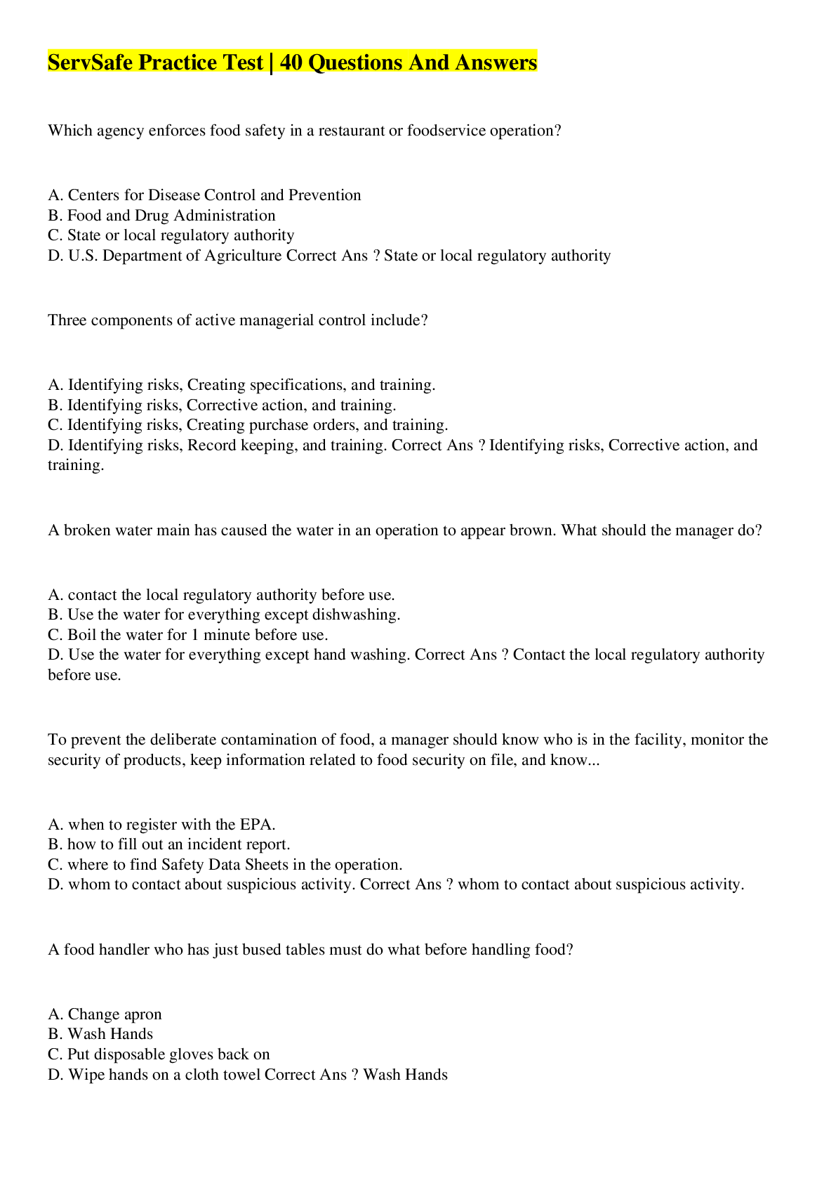 Preview image of ServSafe Practice Test 2 | 175 Questions And Answers document